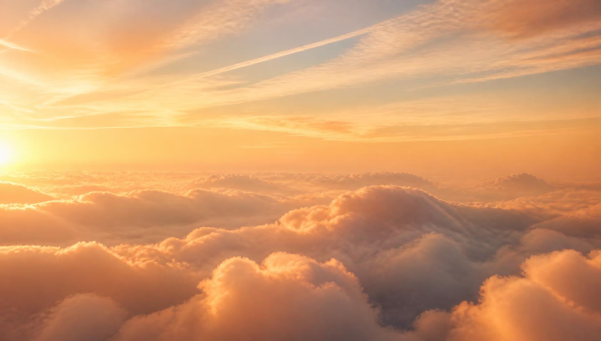 Layers of cloud lit by low sun, seen from the cabin window at cruising altitude